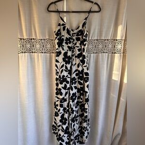 Black & White Floral V-Neck Maxi Jumpsuit with Adjustable Straps